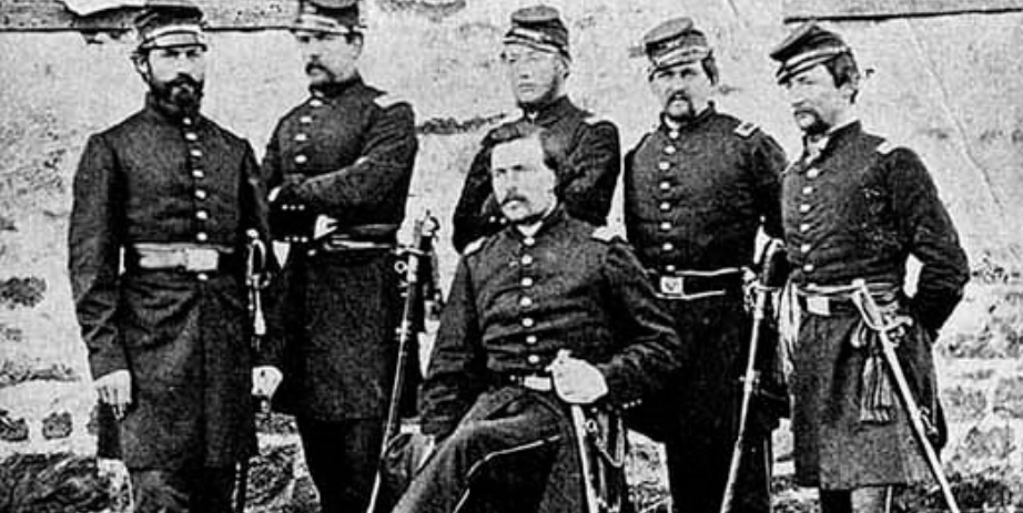 19th century photograph of six Union soldiers in uniform from the Civil War.