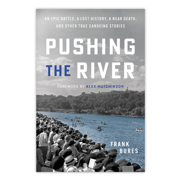book cover with photo of crowd and canoes in the river and title